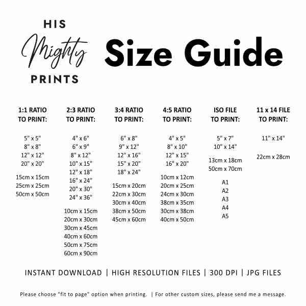 His Mighty Prints Wall Art Size Guide Image. Print in all the common sizes, more than 50 available!