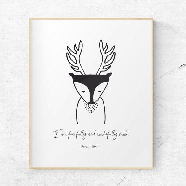 Scandinavian style nursery art featuring a cute reindeer drawing with the verse from Psalm 139:14 below it. Digital download available in over 50 common sizes