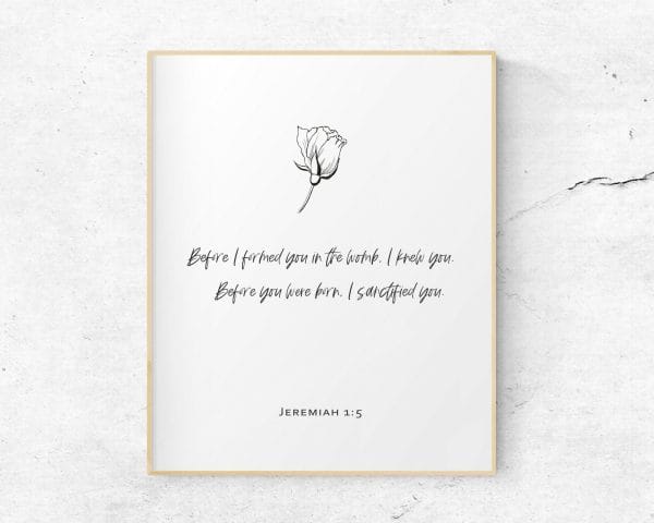 Minimalistic bible verse print with a rose design. black text on white background jeremiah 1:5