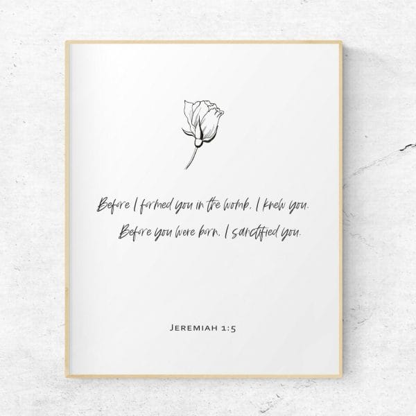 Minimalistic bible verse print with a rose design. black text on white background jeremiah 1:5